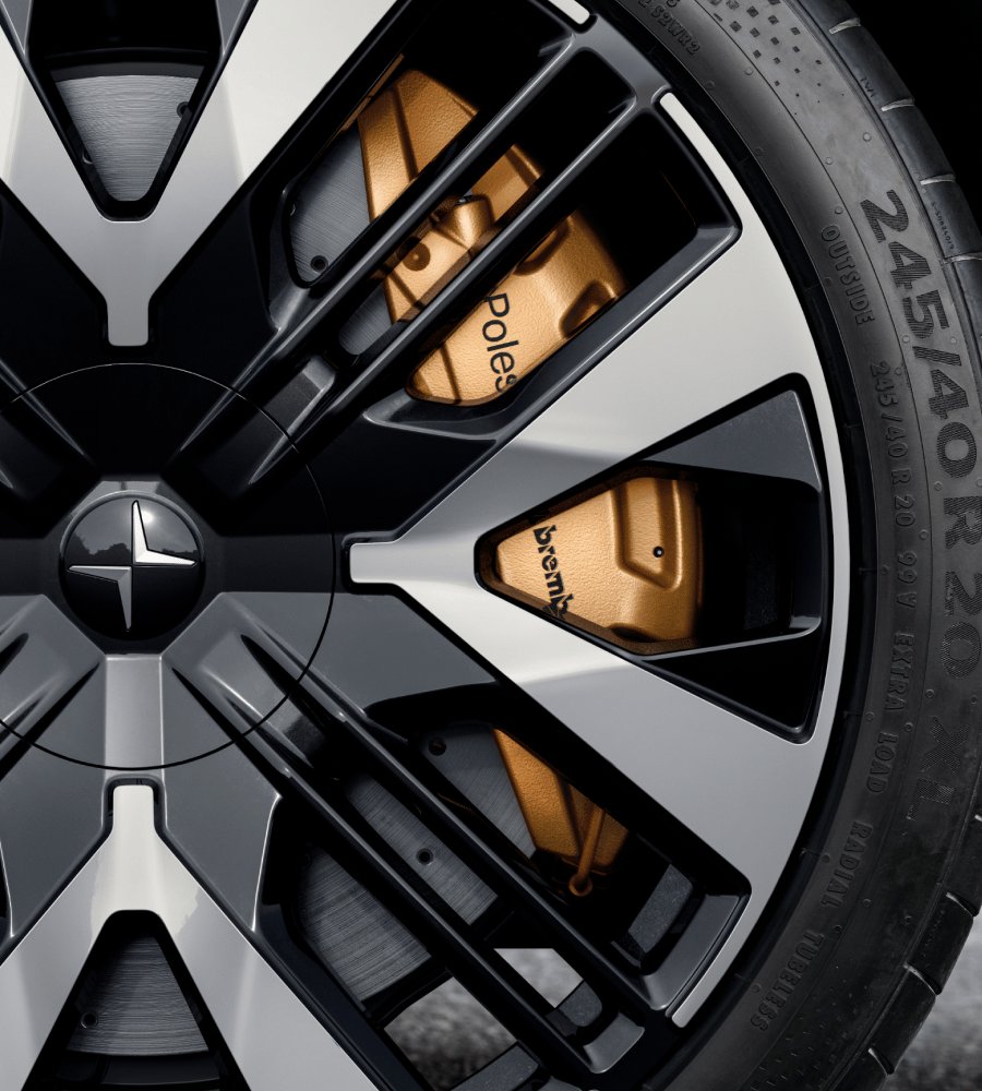 Polestar car wheel with Brembo brake caliper visible through alloy spokes.