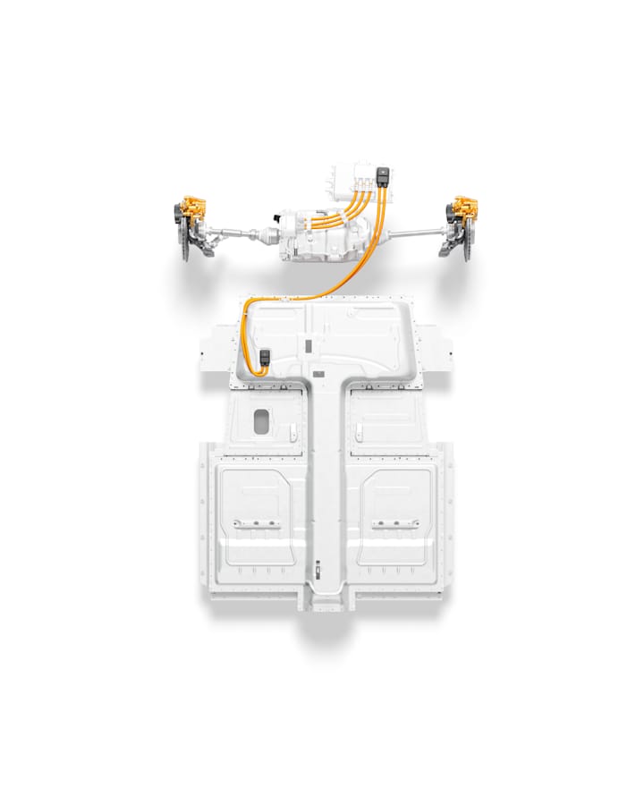 An illustration of the bottompart of the Polestar 2 showing the rear wheel drive