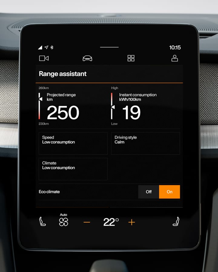 Centre display showing the range assistant and projected range