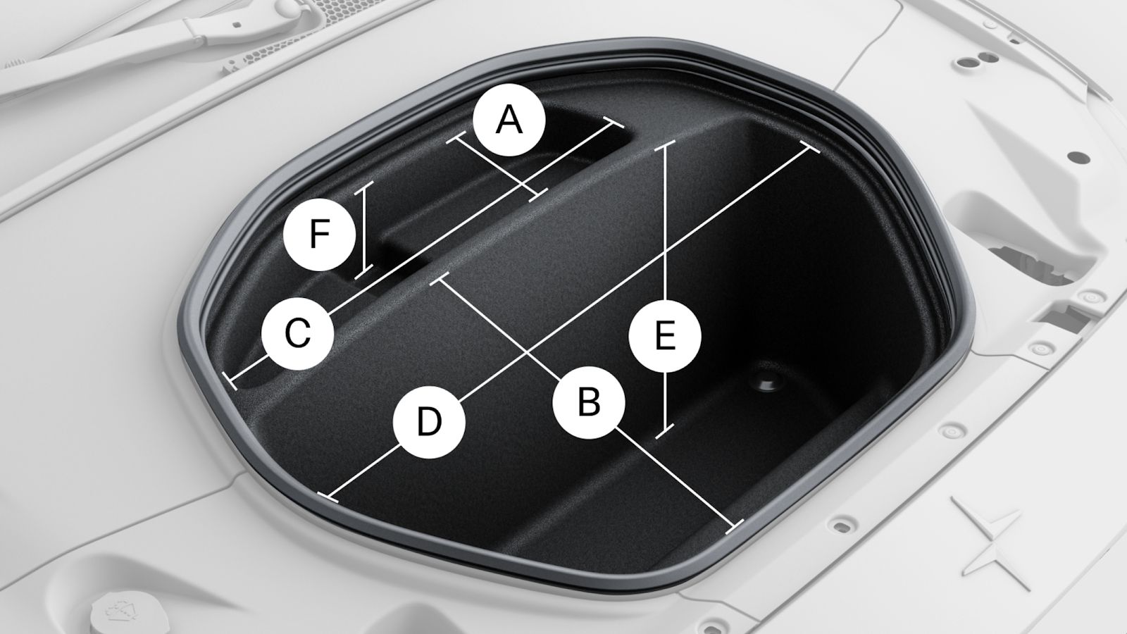 Polestar 2’s front compartment space with lines and letters showing to its measurements.
