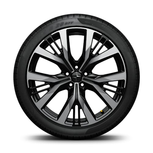 Polestar 2’s 20-inch Forged alloy, laser-etched Performance wheel with gloss black finish.