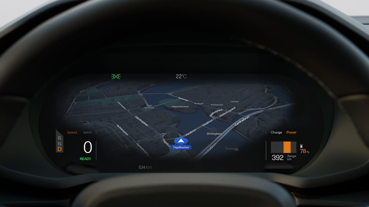 Polestar 2’s driver display with Google Maps on the screen.