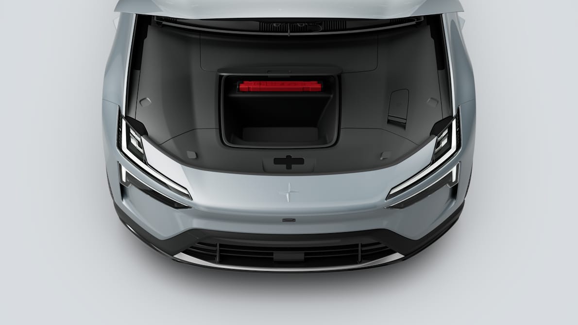 A top down view of Polestar 4’s front compartment with roof raised up.
