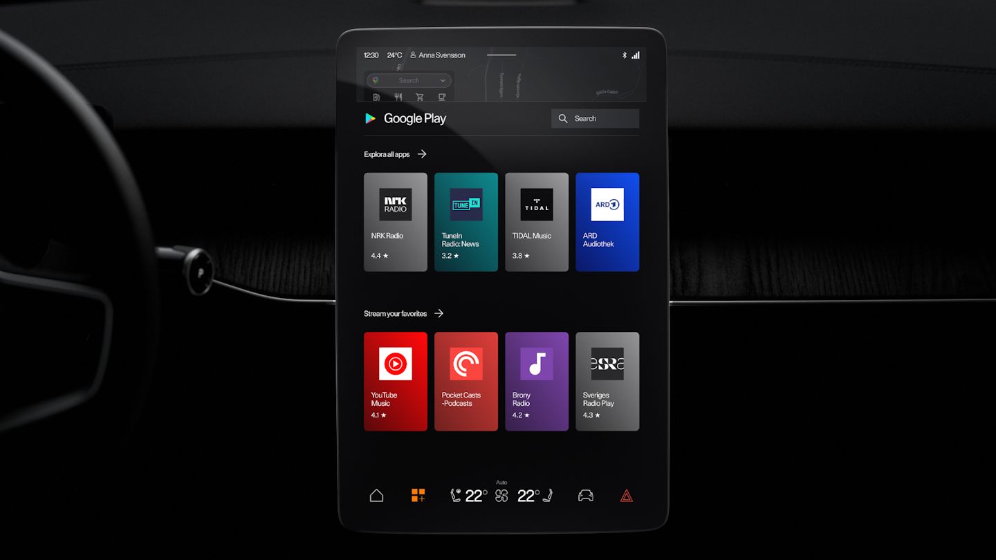 Polestar 3’s steering wheel, dashboard, and centre display showing the Google Play Store screen.