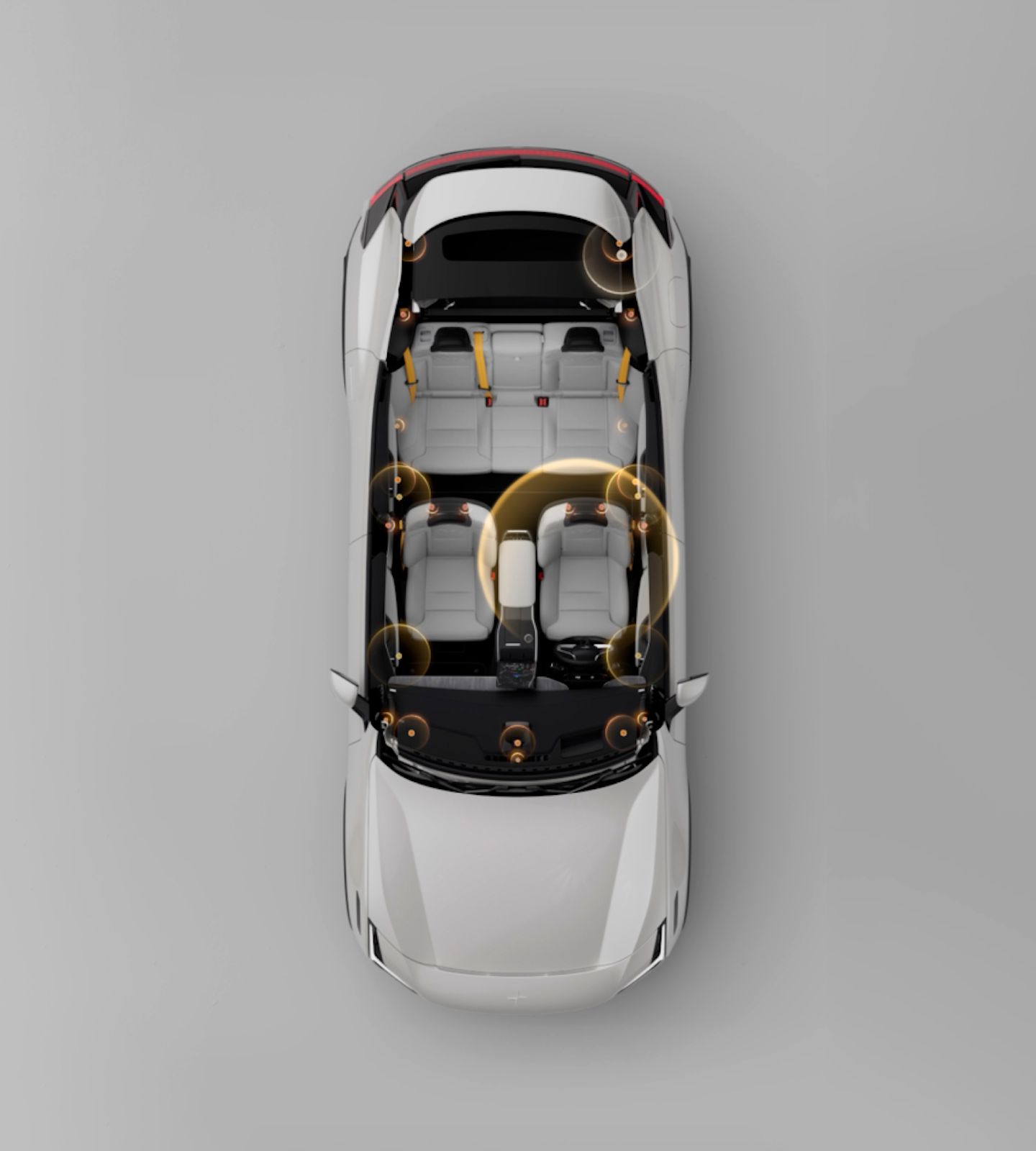A top down view of Polestar 3 showing its interior and sound waves indicating speaker placement.