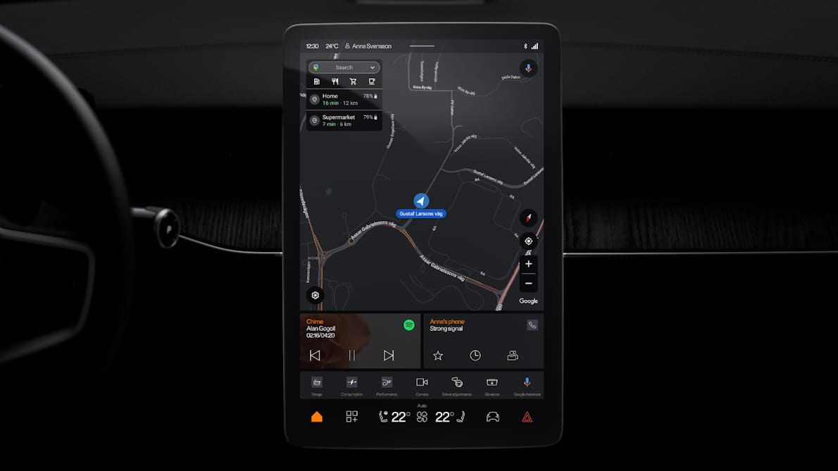 Polestar 3’s dashboard, steering wheel, and centre display showing Google maps and home tiles.