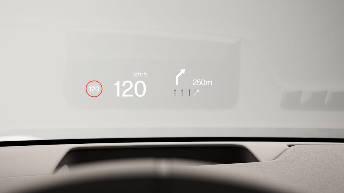 Polestar 3’s head up display on the glass showing the current driving speed and lane direction.