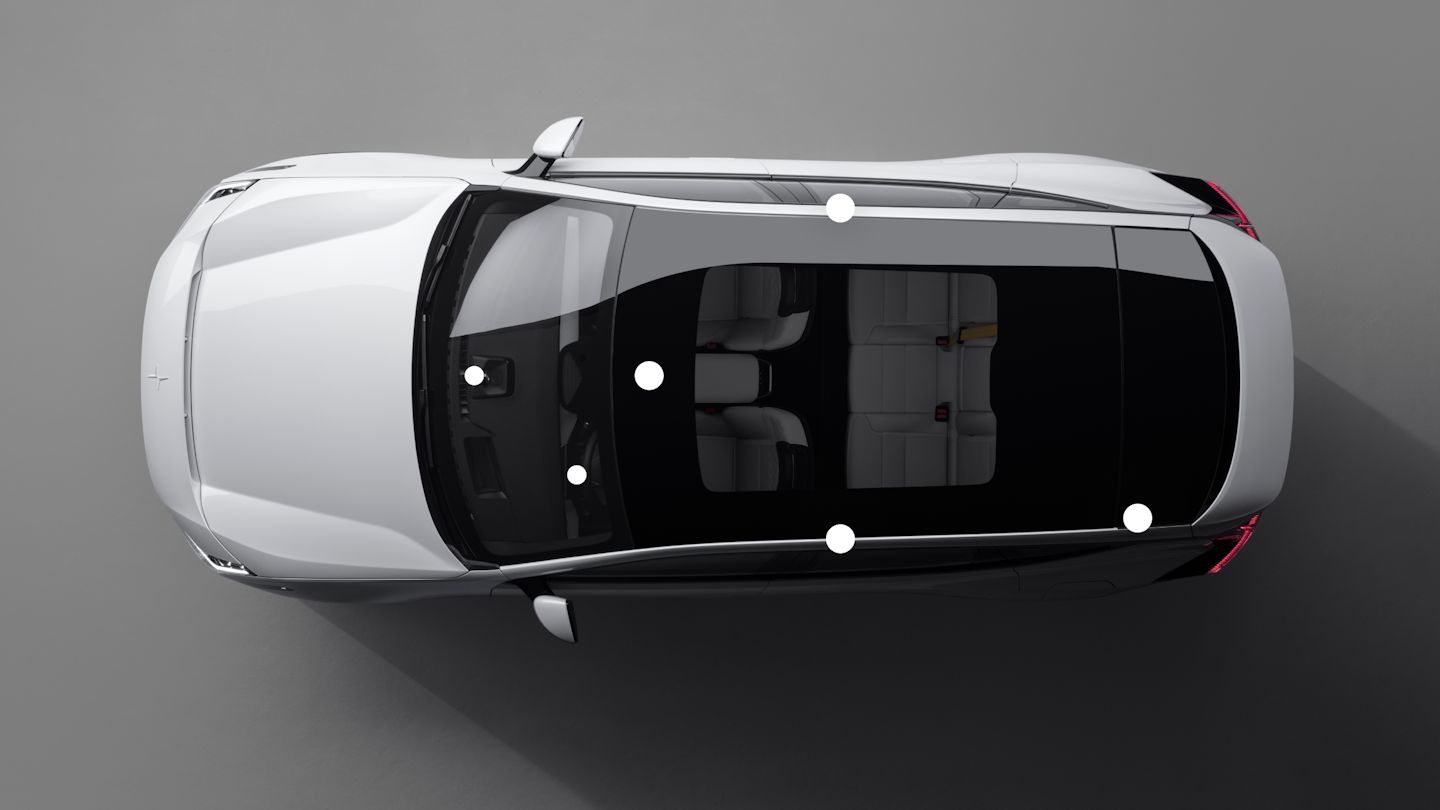 A bird’s eye view of Polestar 3 with dots showing the placement of its interior cameras and sensors.