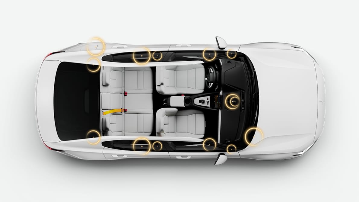 Polestar 2 with the 14 Bowers & Wilkins audio system speakers shown with yellow circles.