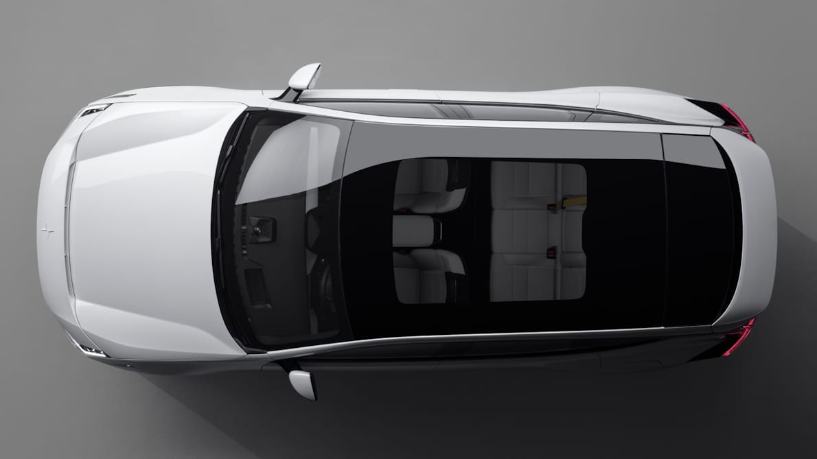 A bird’s eye view of Polestar 3 in Snow colour with its panoramic roof.