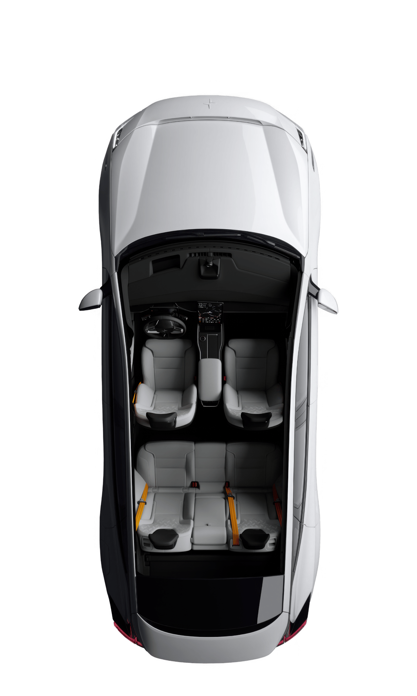 bird’s eye view of Polestar 3 with interior passenger cabin exposed.